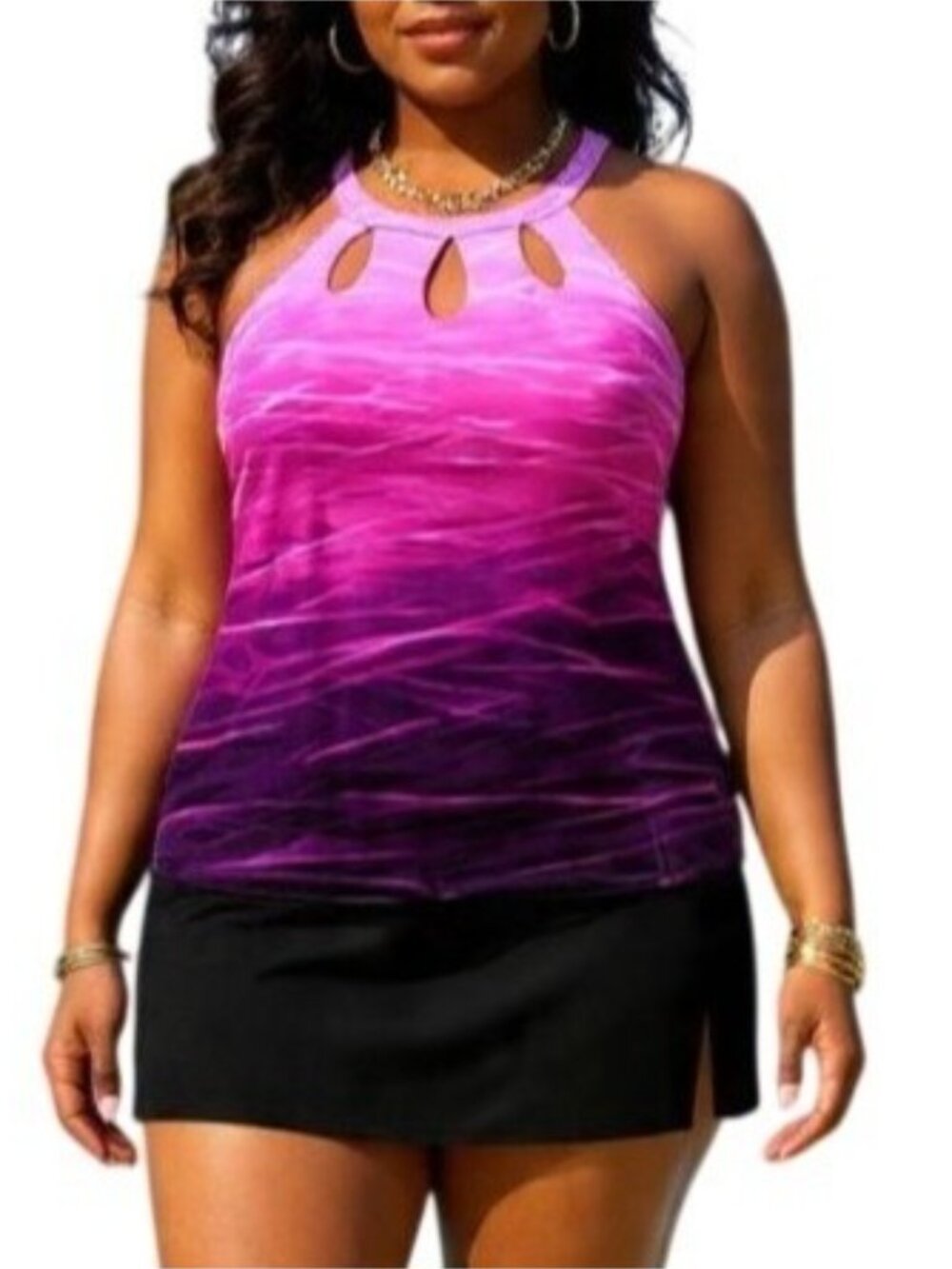 Yonique Plus Size 22W Tankini Skirt Set High Neck Magenta & Black Swimwear